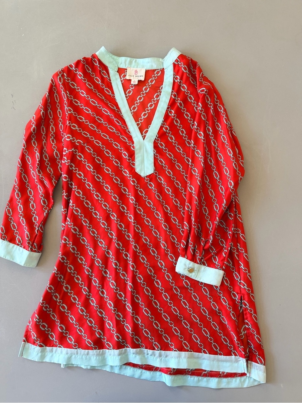 Women’s Red Chain-Print Tunic with Mint Trim Size Small